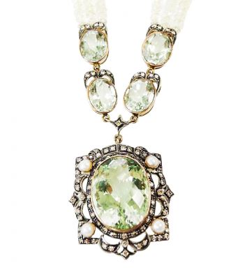Victorian Style Prasiolite Diamond Pearl Necklace