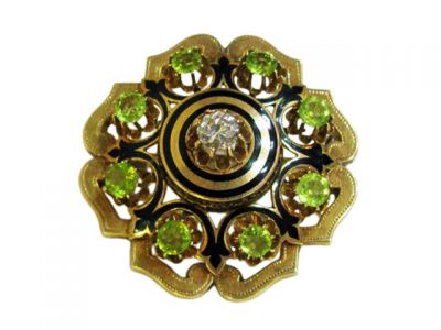 Victorian Diamond Peridot Enamel Brooch