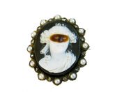Victorian Pearl Diamond Hardstone Masquerading Lady Cameo Brooch