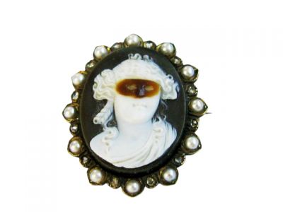 Victorian Pearl Diamond Hardstone Masquerading Lady Cameo Brooch