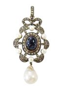 Victorian Style 10.89ct Sapphire Diamond Pearl 9kt Pendant