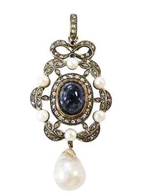 Victorian Style 10.89ct Sapphire Diamond Pearl 9kt Pendant