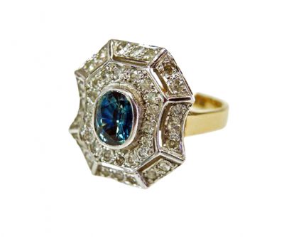Vintage Inspired Blue Diamond and Diamond Ring