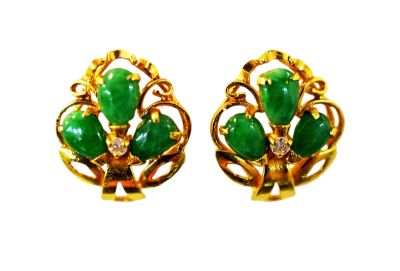 Vintage Jade and Diamond Shamrock Stud Earrings