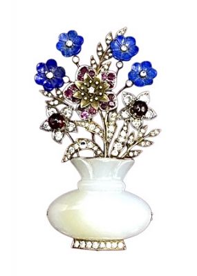 Vintage Jade Garnet Ruby Lapis and Diamond Floral Brooch in 18kt Yellow Gold