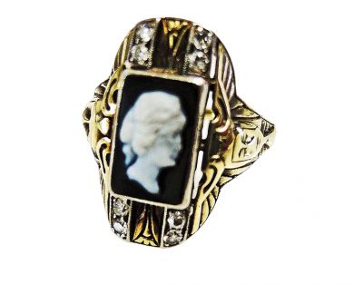 Vintage Onyx Cameo and Diamond Ring