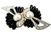 Vintage Onyx Diamond Pearl Brooch