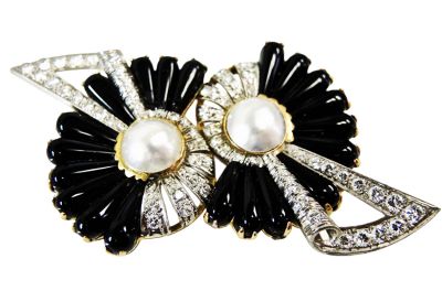 Vintage Onyx Diamond Pearl Brooch