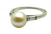 Vintage Cultured Pearl and Diamond Platinum Ring