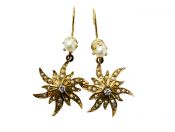Vintage Pearl and Diamond Star Burst Drop Earrings