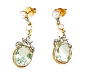 Vintage Style Prasiolite Diamond Pearl Drop Earrings