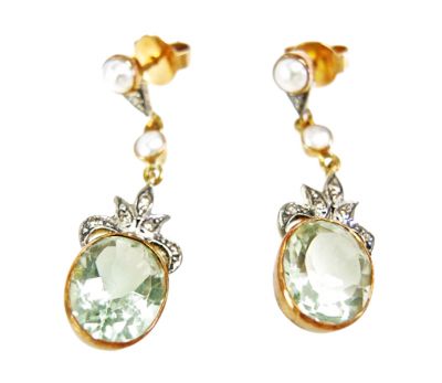 Vintage Style Prasiolite Diamond Pearl Drop Earrings
