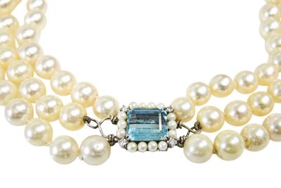 Vintage Triple Strand Cultured Pearl Necklace with Aquamarine Clasp