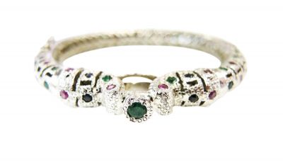 Vintage Emerald Sapphire and Ruby Hinged Bangle Bracelet
