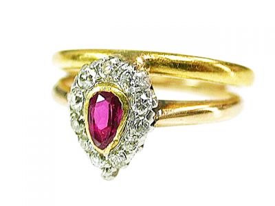 Antique Pear Shaped .32ct Ruby and Diamond 14kt Ring