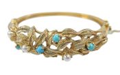 Turquoise and Pearl Floral Bracelet in 14kt Yellow Gold