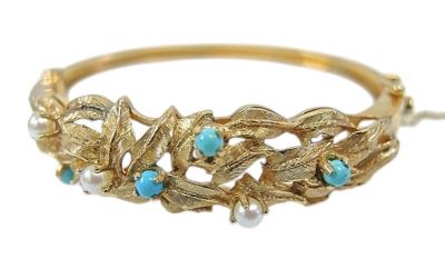 Turquoise and Pearl Floral Bracelet in 14kt Yellow Gold