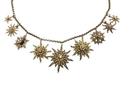 Antique Pearl and Diamond Star Burst Necklace