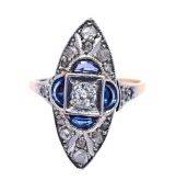 Art Deco Diamond and Synthetic Sapphire Platinum and 18kt Ring