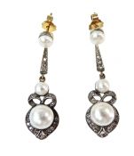 Edwardian Inspired Freshwater Pearl and Diamond Drop Earrings