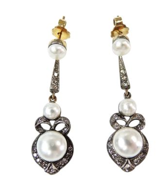 Edwardian Inspired Freshwater Pearl and Diamond Drop Earrings