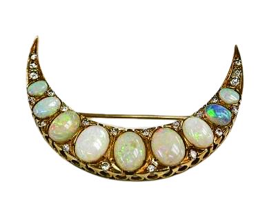 Vintage Opal and Diamond Crescent Brooch