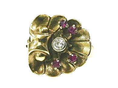 Retro Diamond and Synthetic Ruby Floral Ring