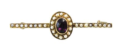 Victorian Amethyst and Seed Pearl Bar Brooch