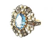 Vintage Aquamarine Diamond Seed Pearl Ring