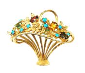 Vintage Garnet Citrine Tourmaline and Turquoise Basket Brooch