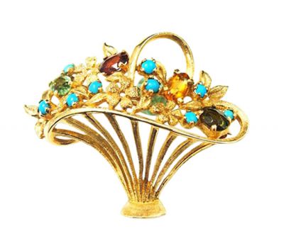 Vintage Garnet Citrine Tourmaline and Turquoise Basket Brooch