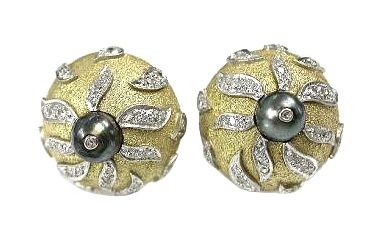 Vintage Black Pearl and Diamond 18kt Earrings
