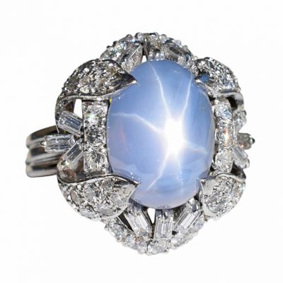 Vintage 11.53ct Star Sapphire and Diamond Ring in 14kt White Gold