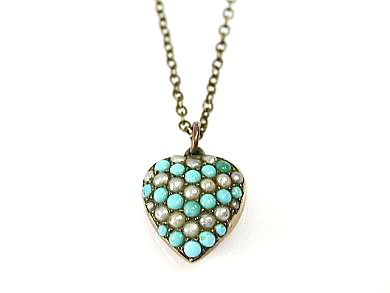 Victorian Turquoise and Seed Pearl Heart Pendant