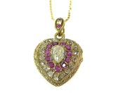 Victorian .56ct Diamond and Ruby Memorial Locket Heart Pendant and Chain