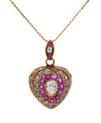 Victorian .56ct Diamond and Ruby Memorial Locket Heart Pendant and Chain