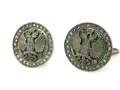 Russian Green Enamel and Diamond Double Eagle Head Cufflinks