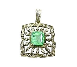Vintage 2.02ct Emerald and Diamond Pendant in 18k White Gold