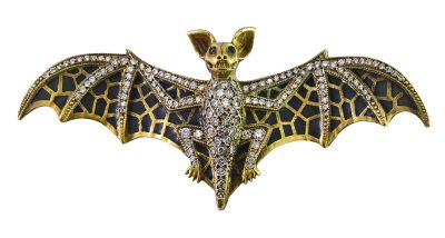 Vintage Enamel 1.48ct. Diamond and Enamel Bat in 18kt Yellow Gold Brooch