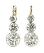 Antique 5.40ct Diamond Drop Earrings in Platinum and 14kt Yellow Gold