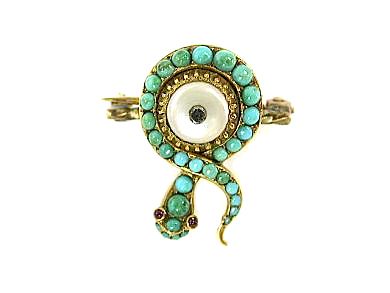 Antique Turquoise Ruby and Pearl Snake Brooch