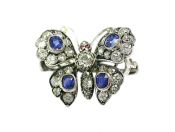 Antique Diamond Sapphire and Ruby Butterfly Brooch in 14kt White Gold