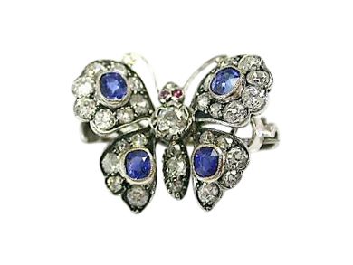 Antique Diamond Sapphire and Ruby Butterfly Brooch in 14kt White Gold