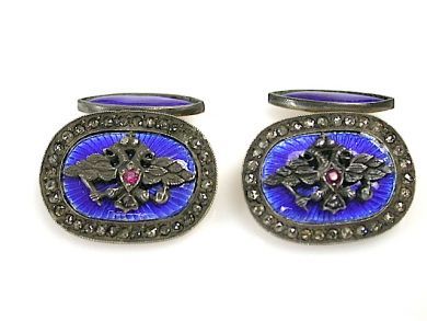 Russian Blue Enamel Diamond Ruby Double Eagle Cufflinks