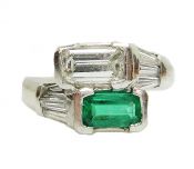 Art Deco Style Diamond and Emerald Toi et Moi Ring