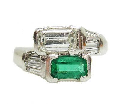 Art Deco Style Diamond and Emerald Toi et Moi Ring