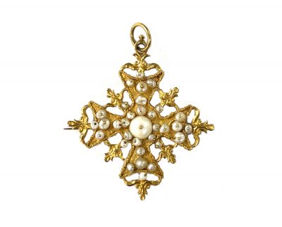 Antique Pearl Maltese Cross Pendant Brooch