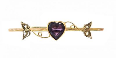 Edwardian Amethyst and Seed Pearl Floral Bar Brooch