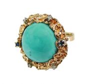Vintage 16.63ct Turquoise Sapphire Diamond 18kt Ring