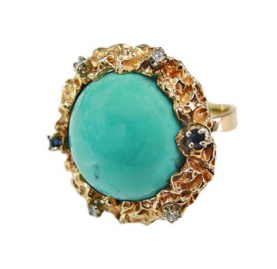 Vintage 16.63ct Turquoise Sapphire Diamond 18kt Ring
